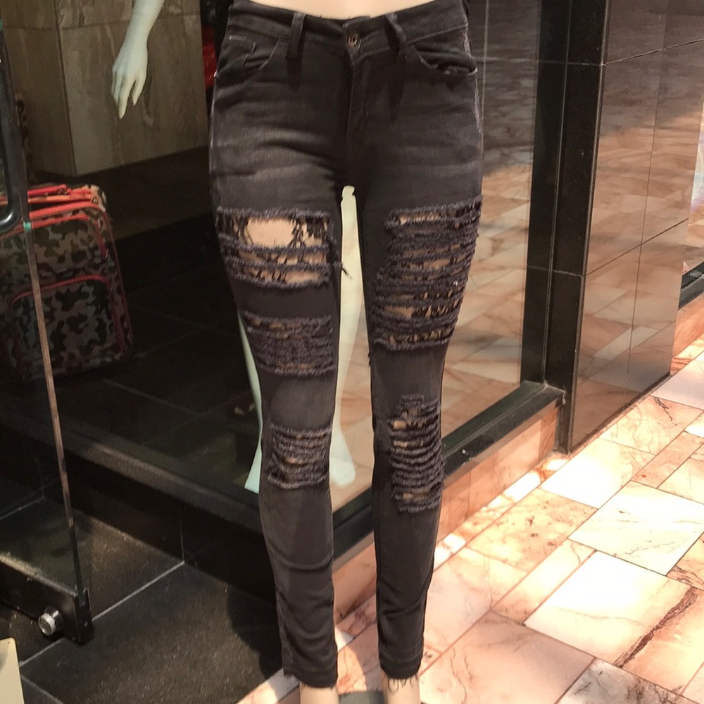 Ladies Lace & Denim Black Skinny Designer Jeans